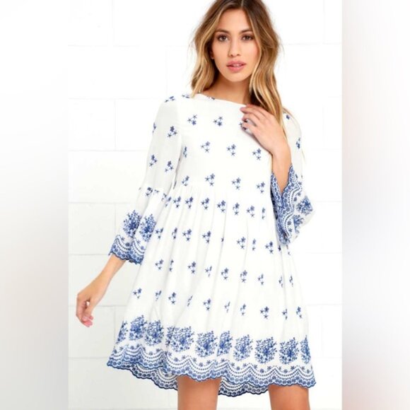LULUS With a Whisper Blue and Ivory Embroidered Dress 3/4 Sleeve Boho Chic XS - Picture 1 of 16